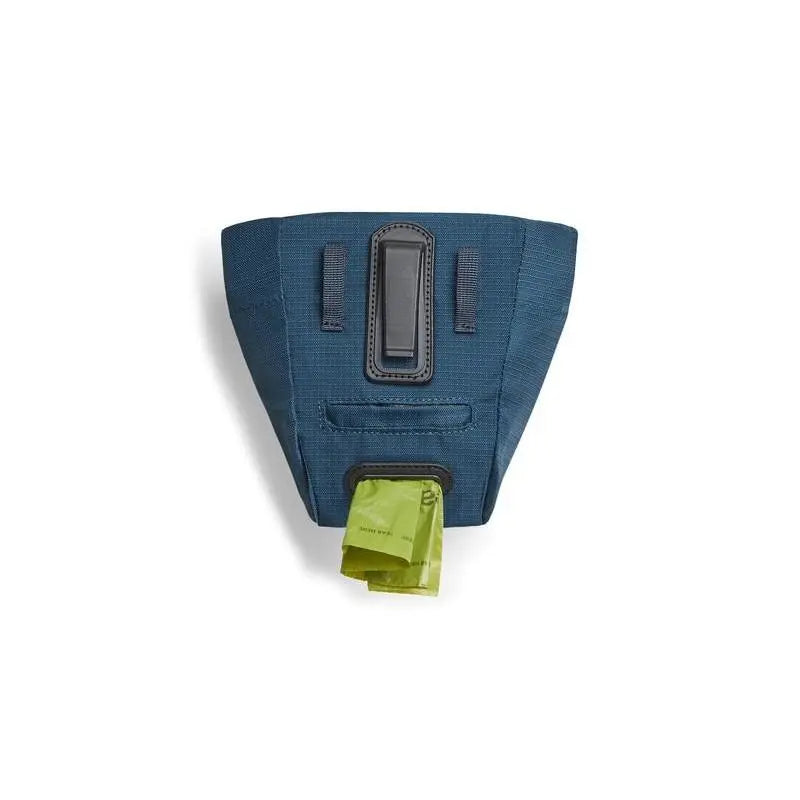 Dog waste bag holder in blue fabric with a convenient dispensing slot for easy access.