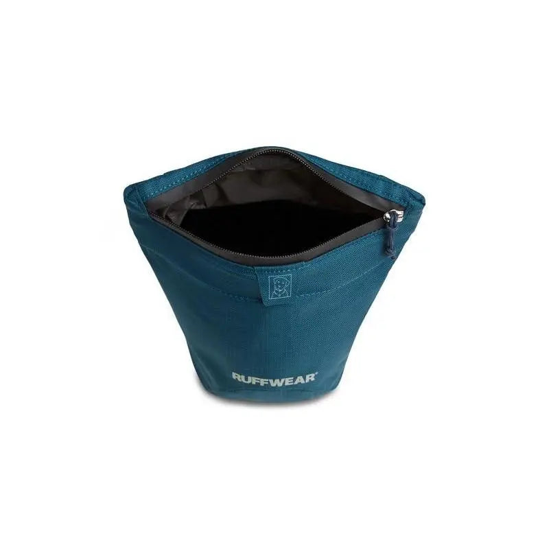 Ruffwear dog food bag in teal, featuring a zippered top for easy access and storage.