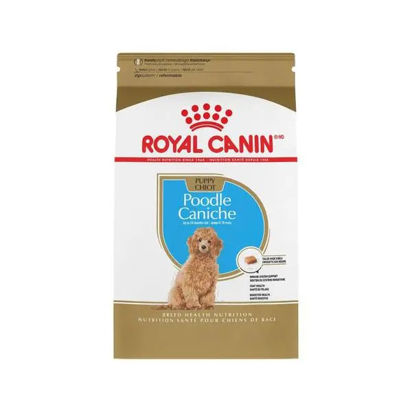 Royal Canin Poodle puppy food bag featuring nutritional information and a cute poodle image.