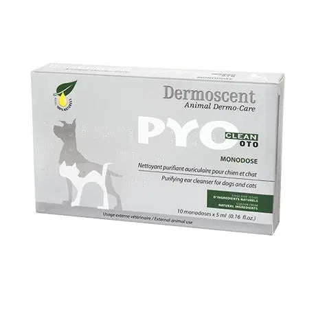 Ear cleaner for dogs and cats, Dermoscent Pyoclean, 10 monodoses, purifying formula for pet hygiene.