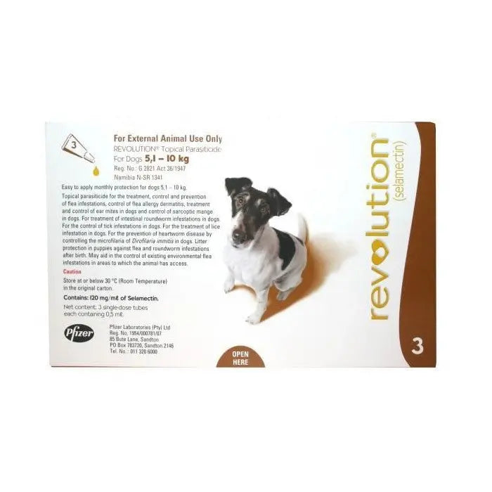 Revolution topical treatment for dogs, packaging with usage instructions and dog image.