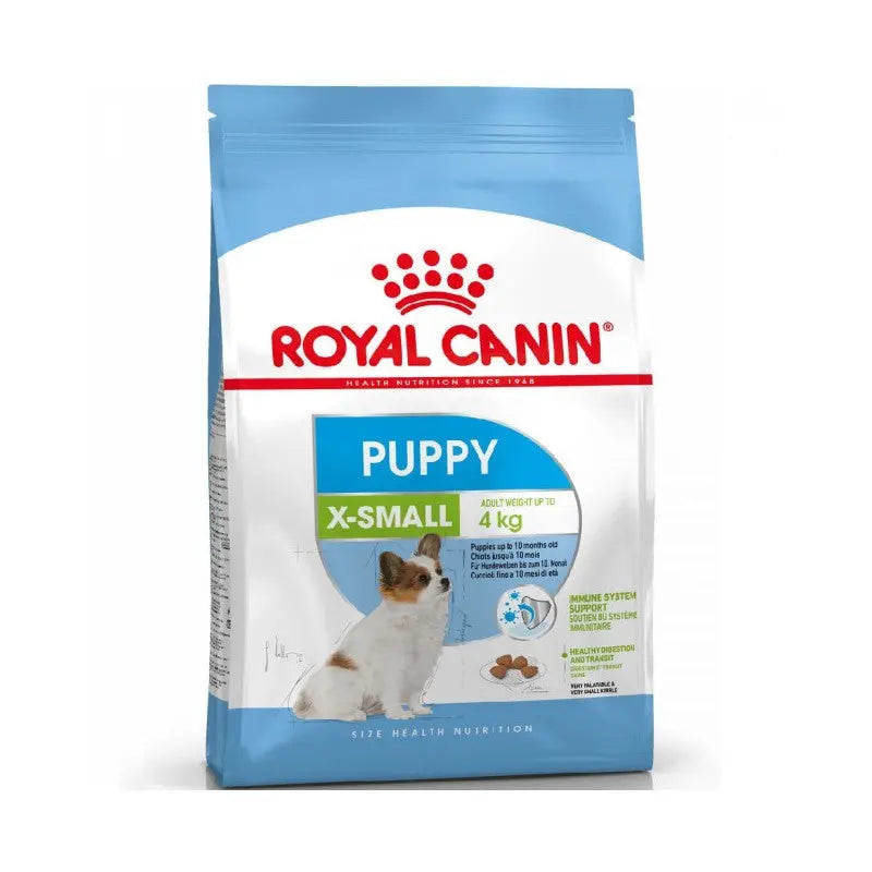 Royal Canin X-Small Puppy food bag, 4 kg, designed for small breed puppies' nutritional needs.