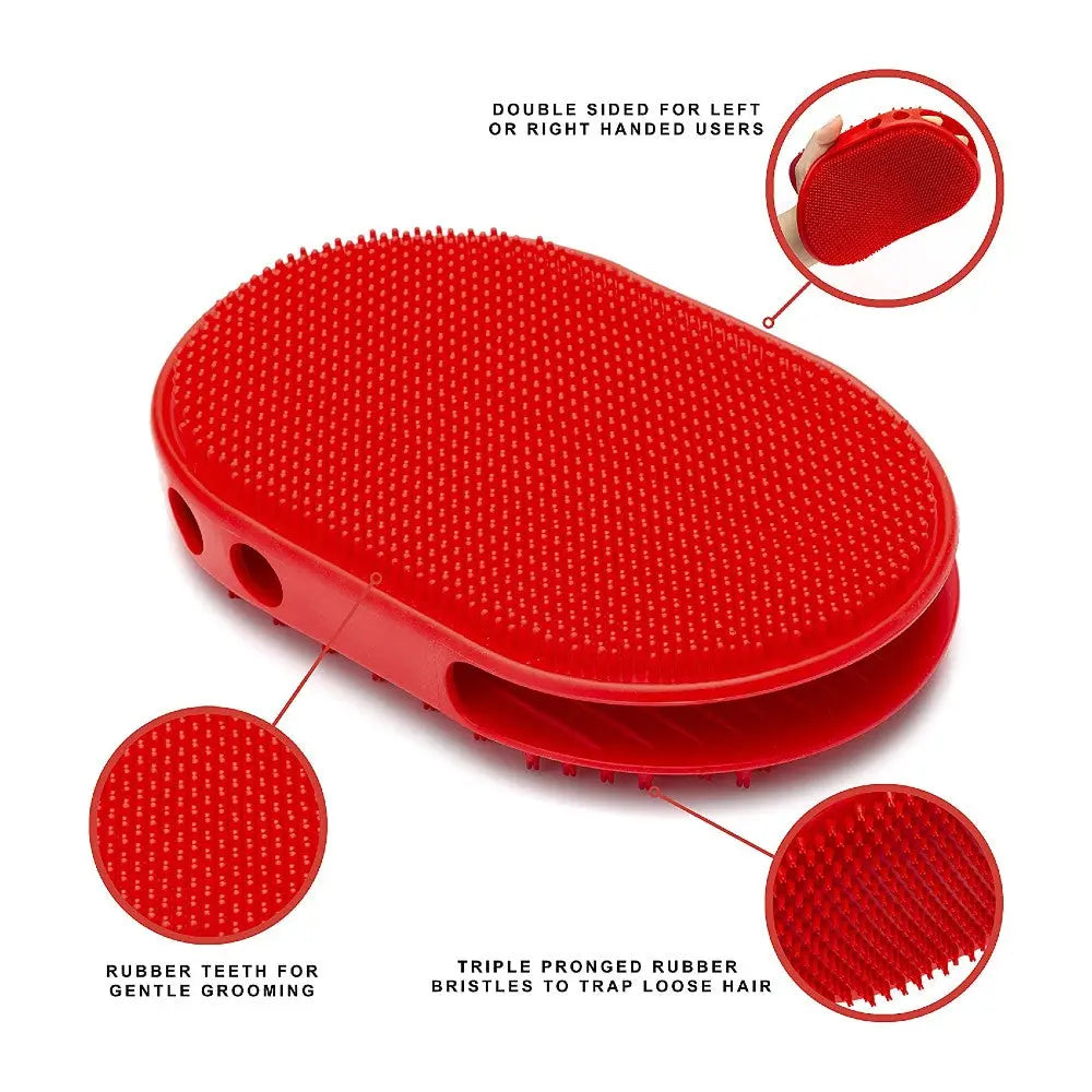 Red double-sided grooming brush with rubber teeth and bristles for effective pet hair removal.