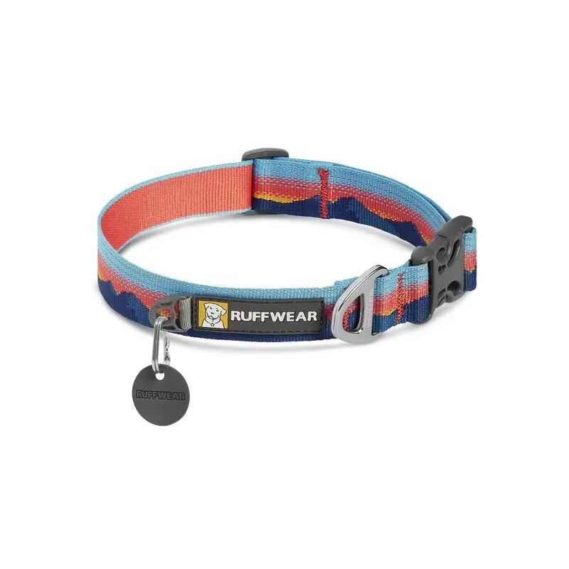 Ruffwear dog collar in blue and coral, featuring adjustable fit and durable design for outdoor adventures.