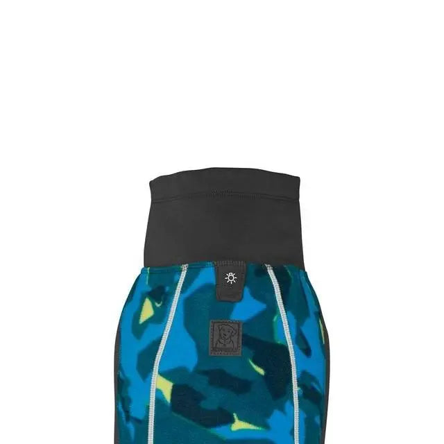 Blue camo dog jacket with a high collar for warmth and style during outdoor adventures.