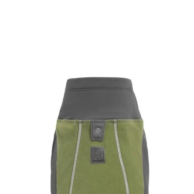 Dog jacket in green and gray, designed for warmth and comfort during outdoor activities.
