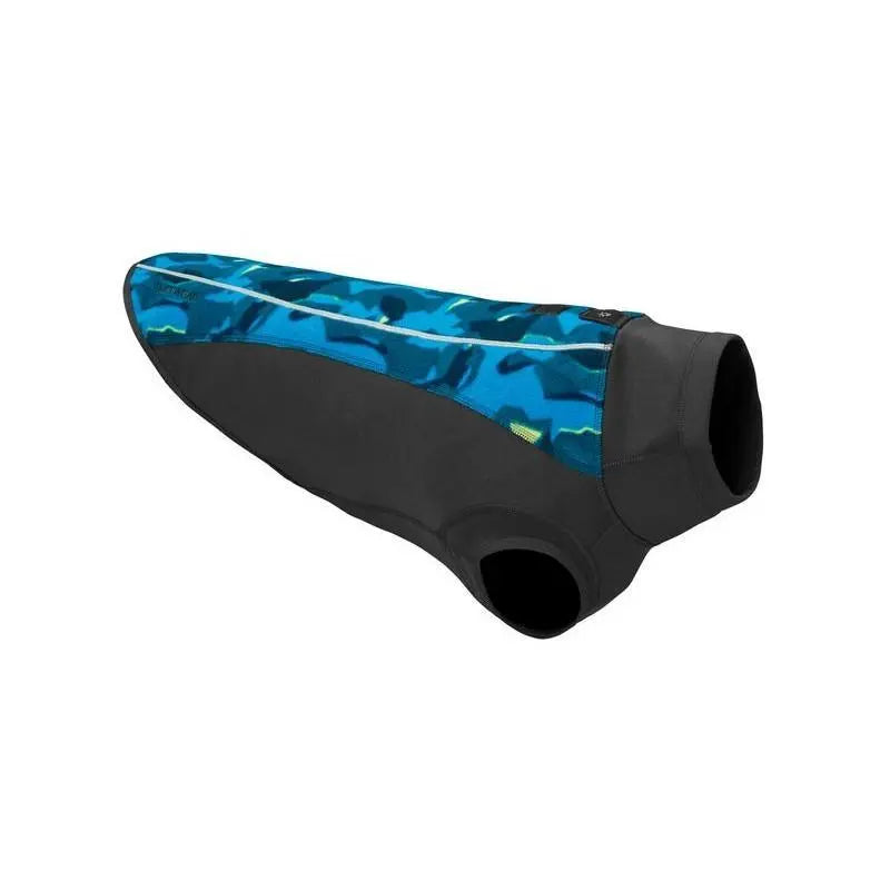 Dog wetsuit in blue camouflage design, perfect for water activities and keeping pets warm.