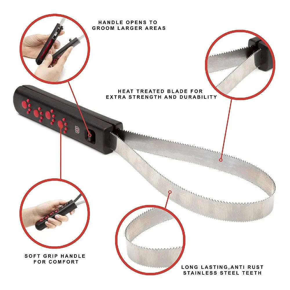 Pet grooming tool with heat-treated stainless steel blade and soft grip handle for comfortable use.