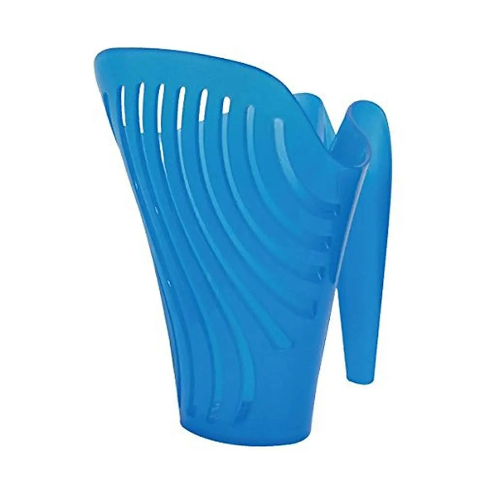 Blue plastic kitchen utensil holder with a modern design and slotted sides for easy drainage.