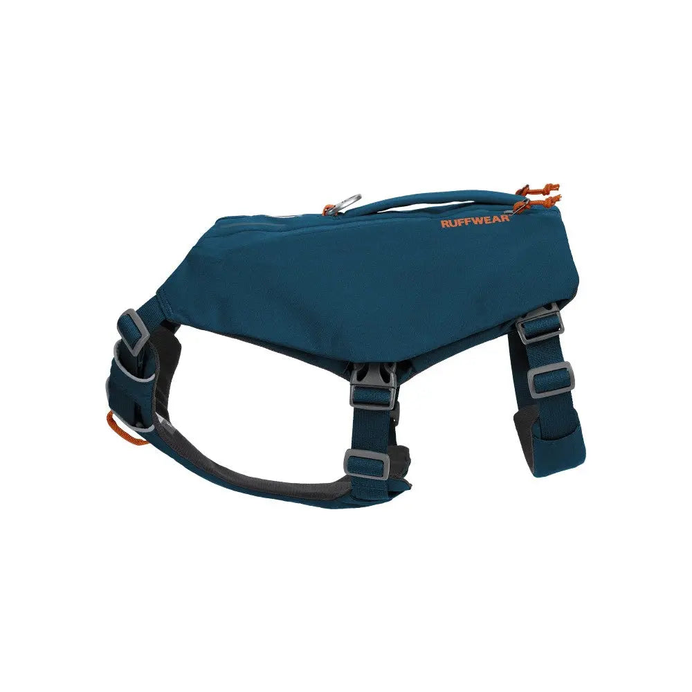 Ruffwear dog harness in blue, designed for comfort and outdoor adventures.