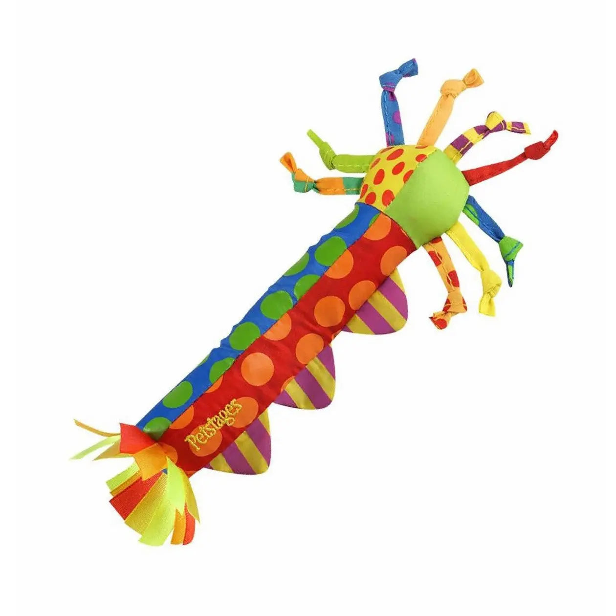 Colorful plush caterpillar toy with multiple textures and vibrant patterns for playful pets.