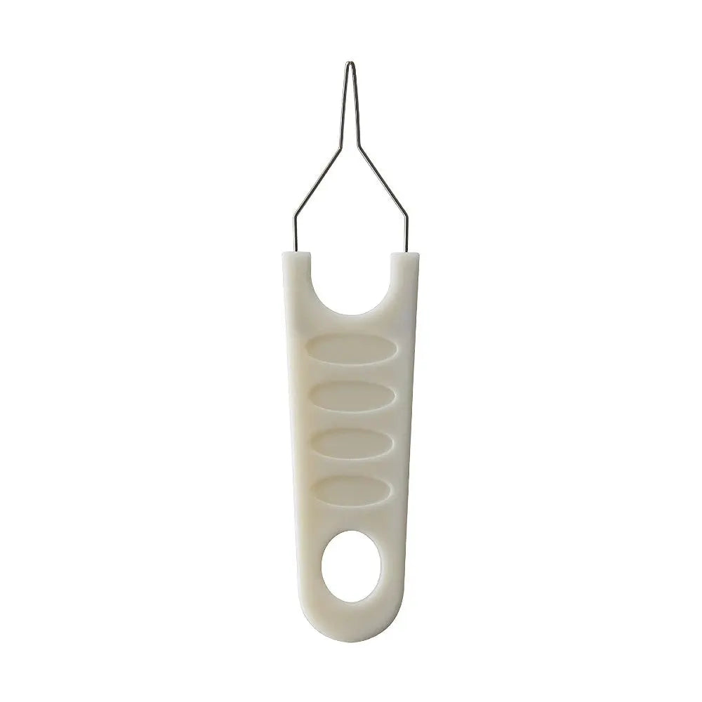 White plastic tool with a metal hook for easy threading and crafting tasks.
