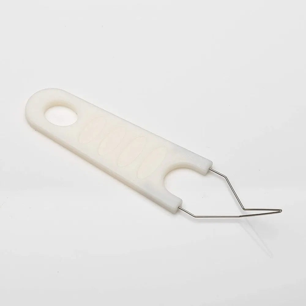 Plastic handle tool with a metal hook for easy cleaning and maintenance of various items.
