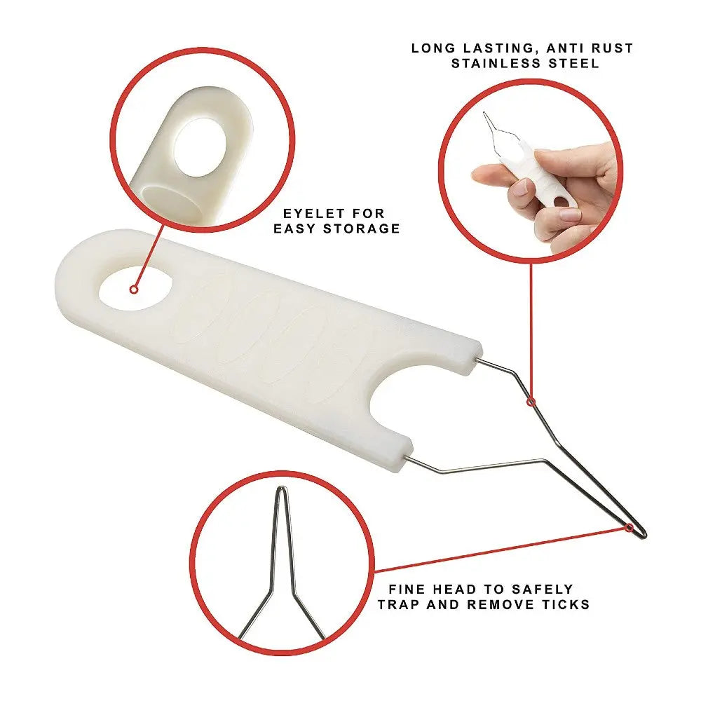 Tick removal tool with stainless steel head, eyelet for storage, and ergonomic handle for easy use.