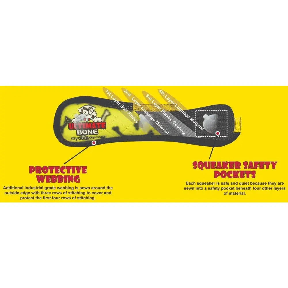 Durable dog toy with protective webbing and safety pockets for squeakers, designed for tough play.