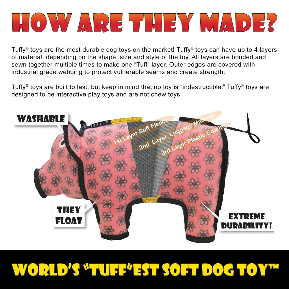 Durable Tuffy dog toy in pig shape, made with multiple layers for extreme durability and washability.