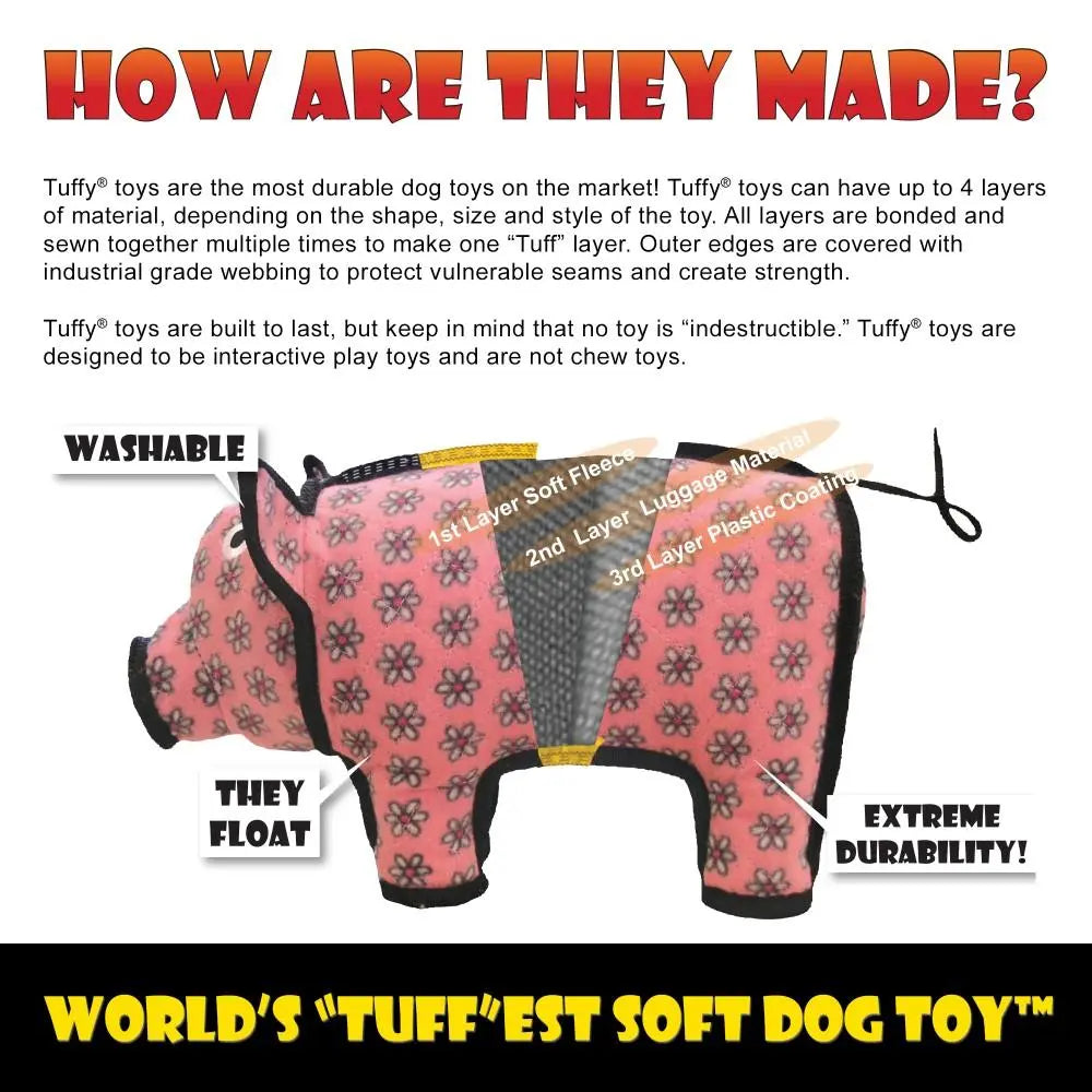 Tuffy's durable dog toy features multiple layers for extreme durability and washability, designed for interactive play.