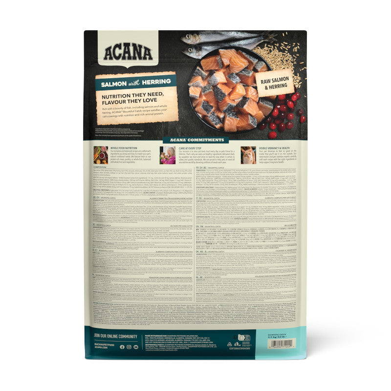 Acana Bountiful Catch Salmon with Herring Adult Cat Food – back of bag packaging with nutrition details (available online in South Africa)