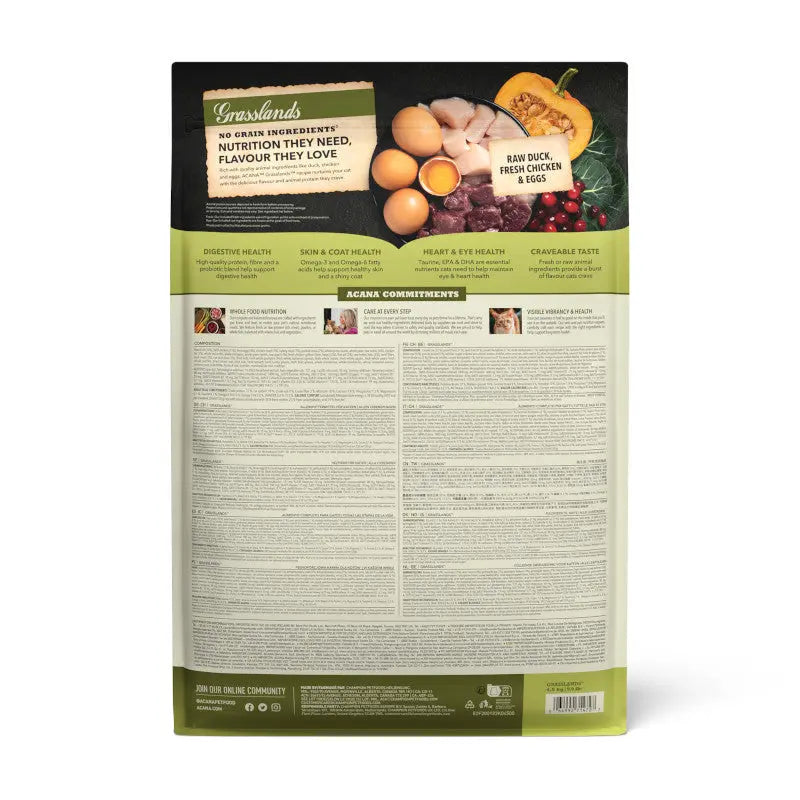 Acana Highest Protein Grasslands Cat Food – back of bag packaging with nutrition details (available online in South Africa)