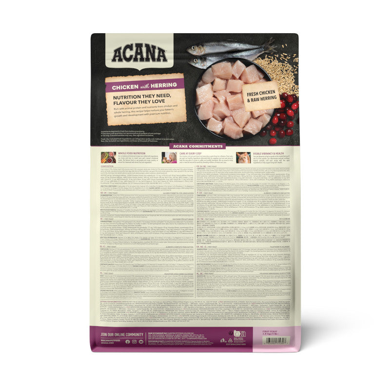 Acana First Feast Chicken with Herring Kitten Recipe Cat Food – back of bag packaging with nutrition details (available online in South Africa)