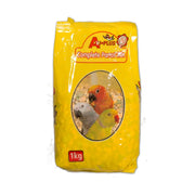 Avi-Plus Complete Parrot Mix 1kg bag featuring colorful parakeets on the label.
