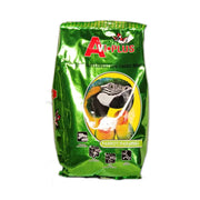 Green bird food bag for parrots, featuring a colorful parrot image and nutritional information.