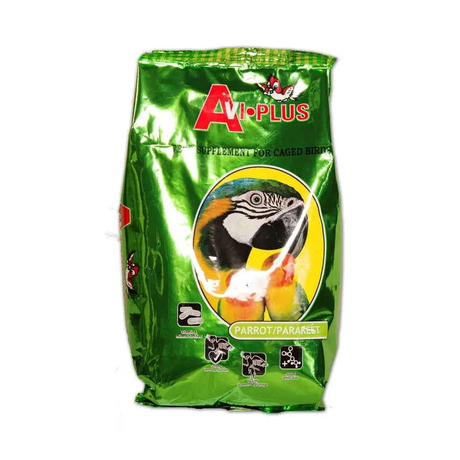 Green bird food bag for parrots, featuring a colorful parrot image and nutritional information.