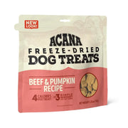 ACANA freeze-dried beef and pumpkin dog treats, featuring simple ingredients and low calories per treat.