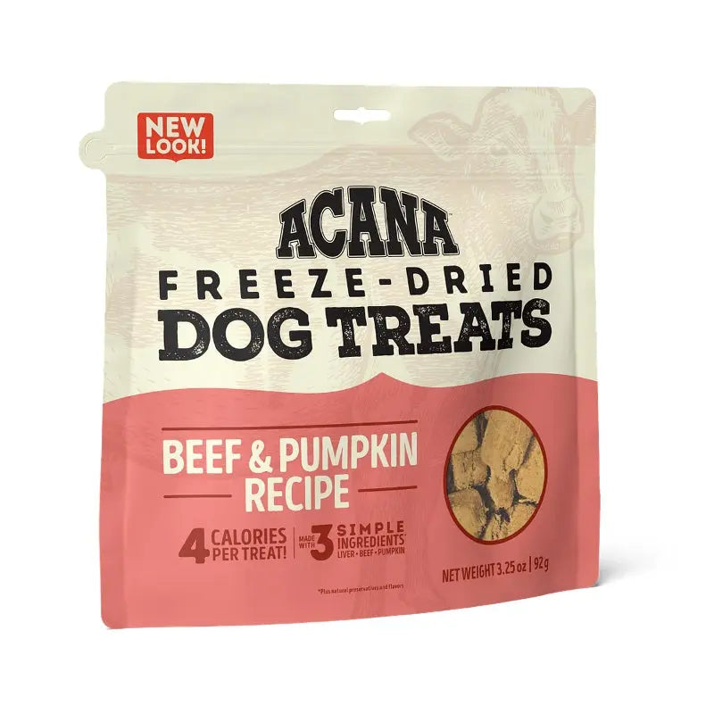 ACANA freeze-dried beef and pumpkin dog treats, featuring simple ingredients and low calories per treat.