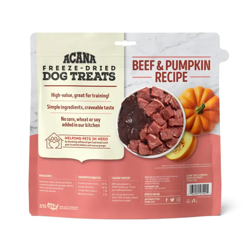 ACANA freeze-dried dog treats with beef and pumpkin, ideal for training and made with simple ingredients.