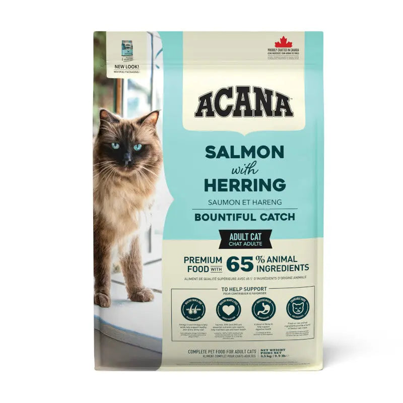 ACANA Salmon with Herring cat food bag featuring a fluffy cat and premium ingredients for adult cats.