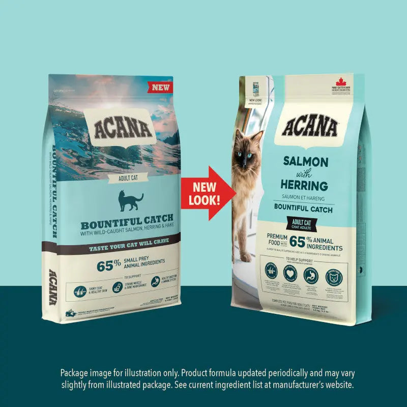 ACANA Bountiful Catch cat food bags showcasing salmon and herring with updated packaging design.