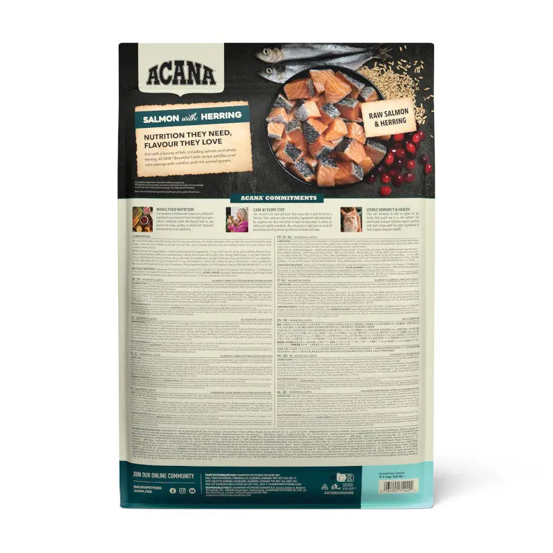 ACANA Salmon and Herring dog food bag featuring ingredients, nutritional information, and feeding guidelines.