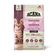 ACANA Chicken with Herring kitten food bag featuring a playful kitten and premium ingredients for healthy growth.