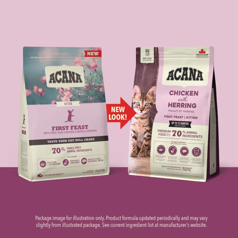 ACANA kitten food bags showcasing new packaging and premium ingredients for healthy growth.