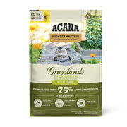 ACANA Grasslands cat food bag featuring high protein content with duck, chicken, and eggs for all life stages.