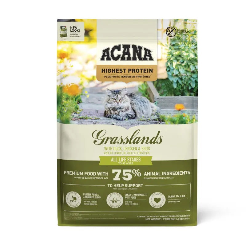 ACANA Grasslands cat food bag featuring high protein content with duck, chicken, and eggs for all life stages.