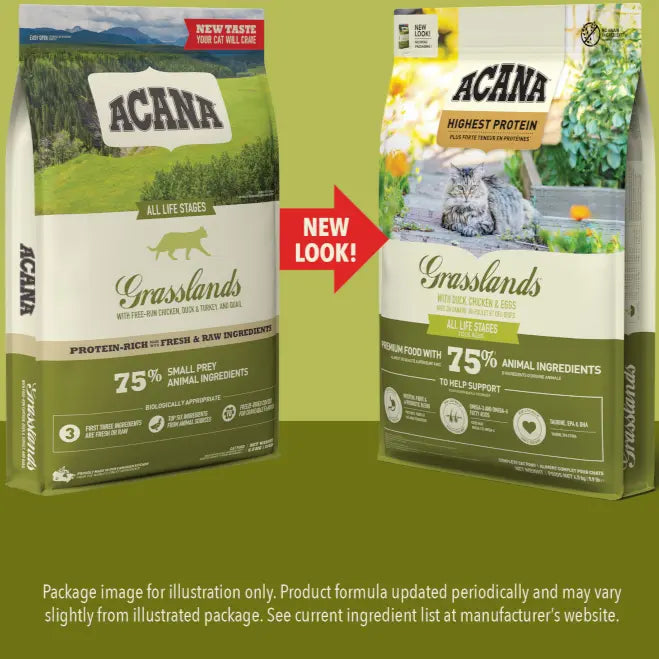 ACANA Grasslands dog food packaging showcasing new design and high protein content for all life stages.