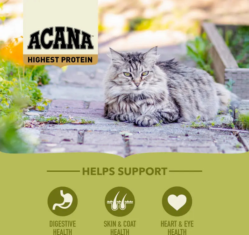ACANA cat food promotes digestive, skin, coat, heart, and eye health for your feline friend.