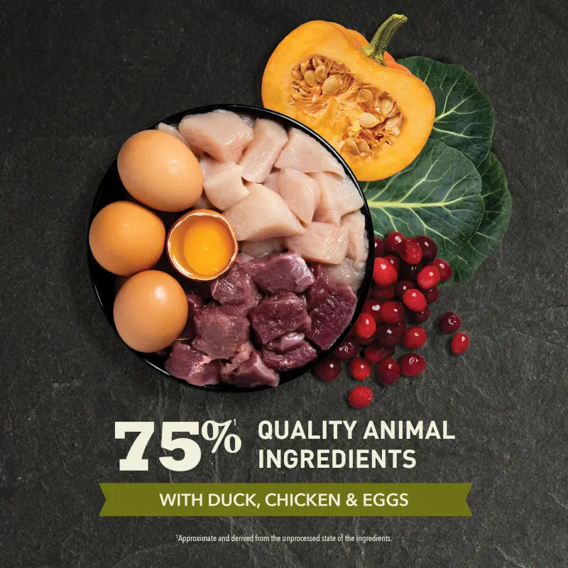 Fresh ingredients featuring duck, chicken, eggs, and pumpkin for quality pet nutrition.