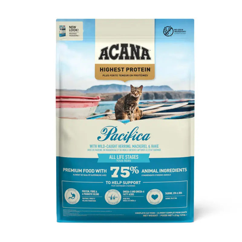 ACANA Pacifica cat food bag featuring wild-caught fish and high protein for all life stages.