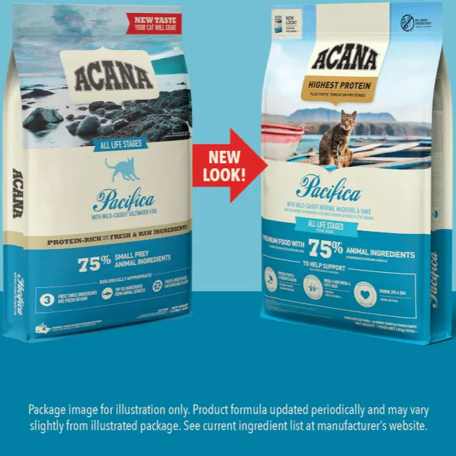 ACANA Pacifica pet food packaging showcasing high protein content and fresh ingredients for all life stages.