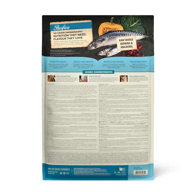 Raw whole mackerel pet food packaging highlighting nutrition and health benefits.