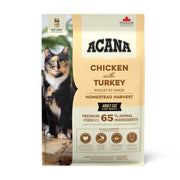 ACANA Chicken with Turkey cat food bag featuring premium ingredients for adult cats.