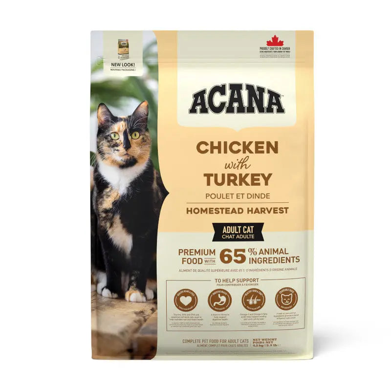 ACANA Chicken with Turkey cat food bag featuring premium ingredients for adult cats.