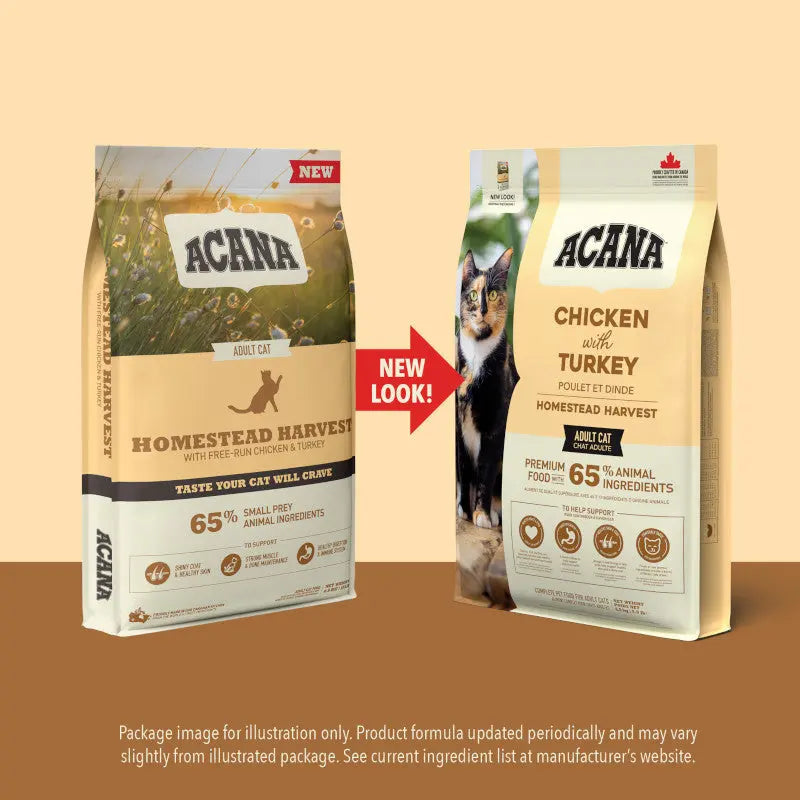 ACANA Homestead Harvest cat food bag showcasing new look and premium ingredients for adult cats.