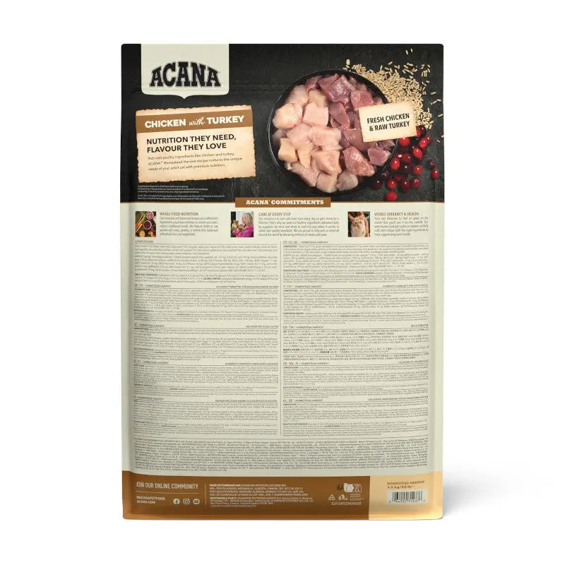 ACANA Chicken and Turkey pet food bag featuring fresh ingredients and detailed nutritional information.