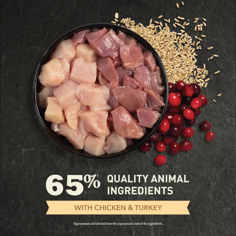 Quality animal ingredients with chicken and turkey, featuring grains and cranberries in a stylish bowl.