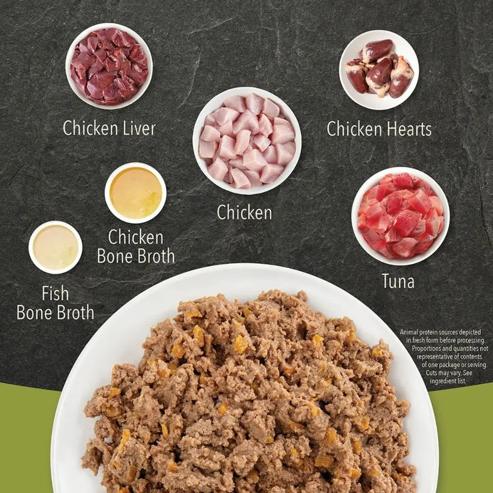 Nutrient-rich pet food ingredients including chicken, tuna, and bone broth in bowls on a dark background.