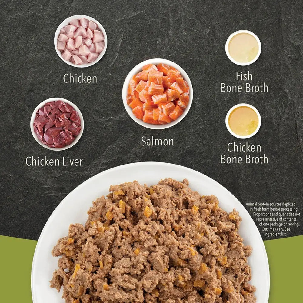 Pet food ingredients including chicken, salmon, chicken liver, and bone broths displayed in bowls.
